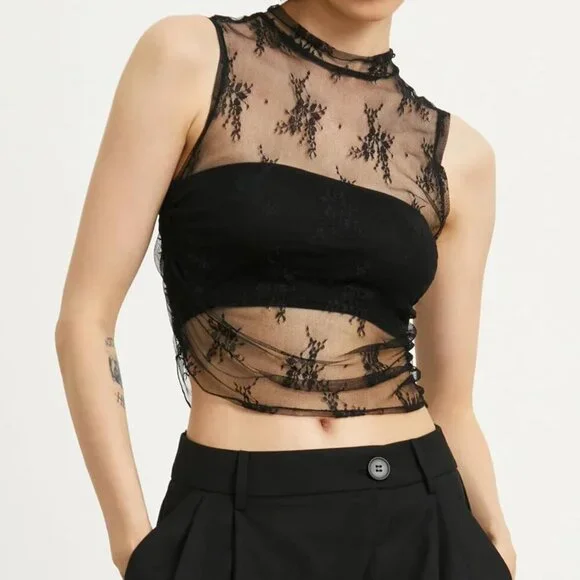 Women Lace Mesh Crop Top Sleeveless Sheer Floral Mock Neck Slim Fit - Picture 6 of 8